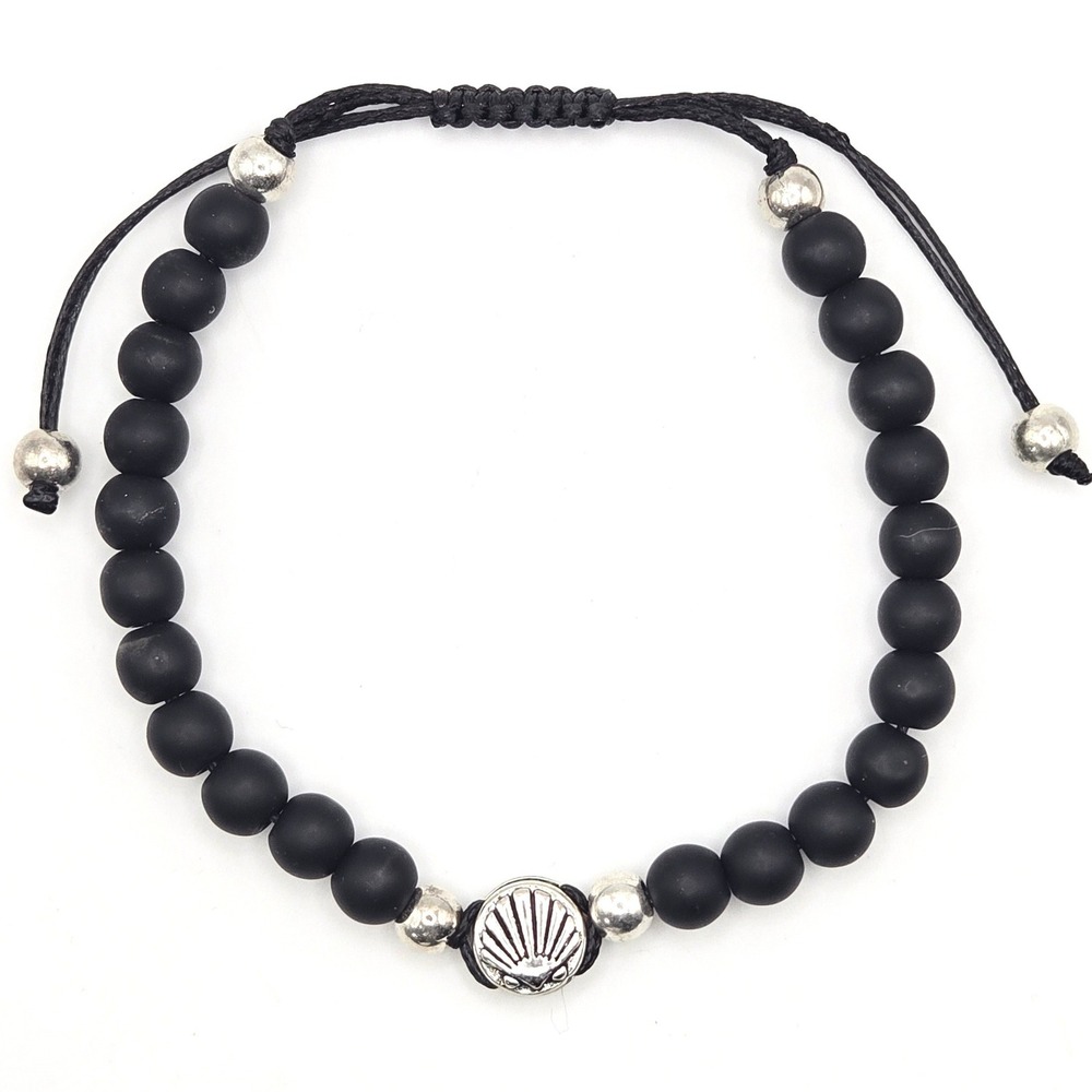 Matte Black Onyx Beaded Adjustable Cord Bracelet with Silver Shell‎ Charm Accent